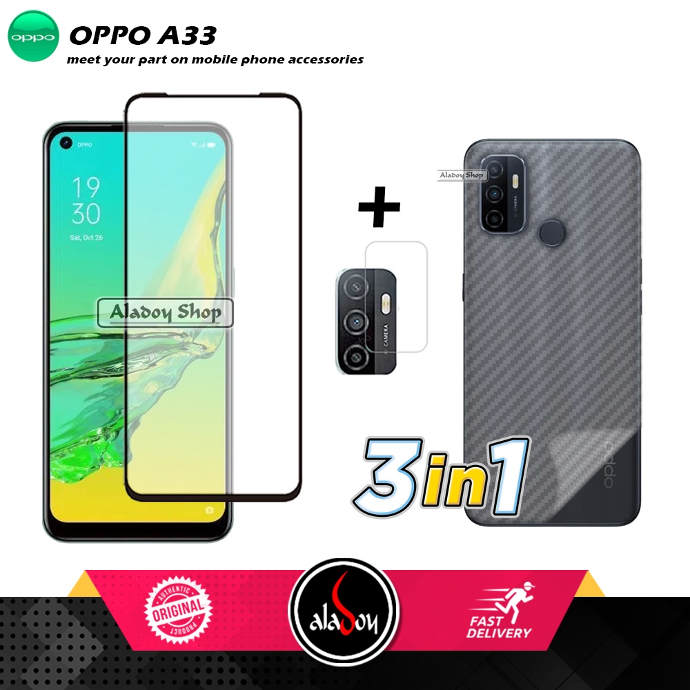 PAKET 3 IN 1 Tempered Glass Layar Oppo A33 Free Tempered Glass Camera dan Skin Carbon