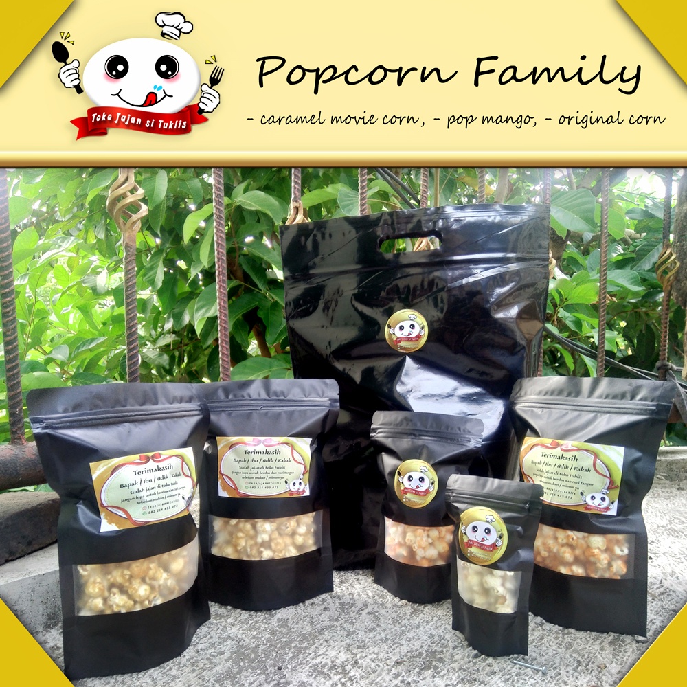 

POPCORN BIOSKOP PREMIUM CARAMEL, PERMEN MANGGA , ORIGINAL , MOCCACINO , VANILLA LATTE , CABE IJO , KEJU ASIN , RUMPUT LAUT , MILO , CHOCOLATE