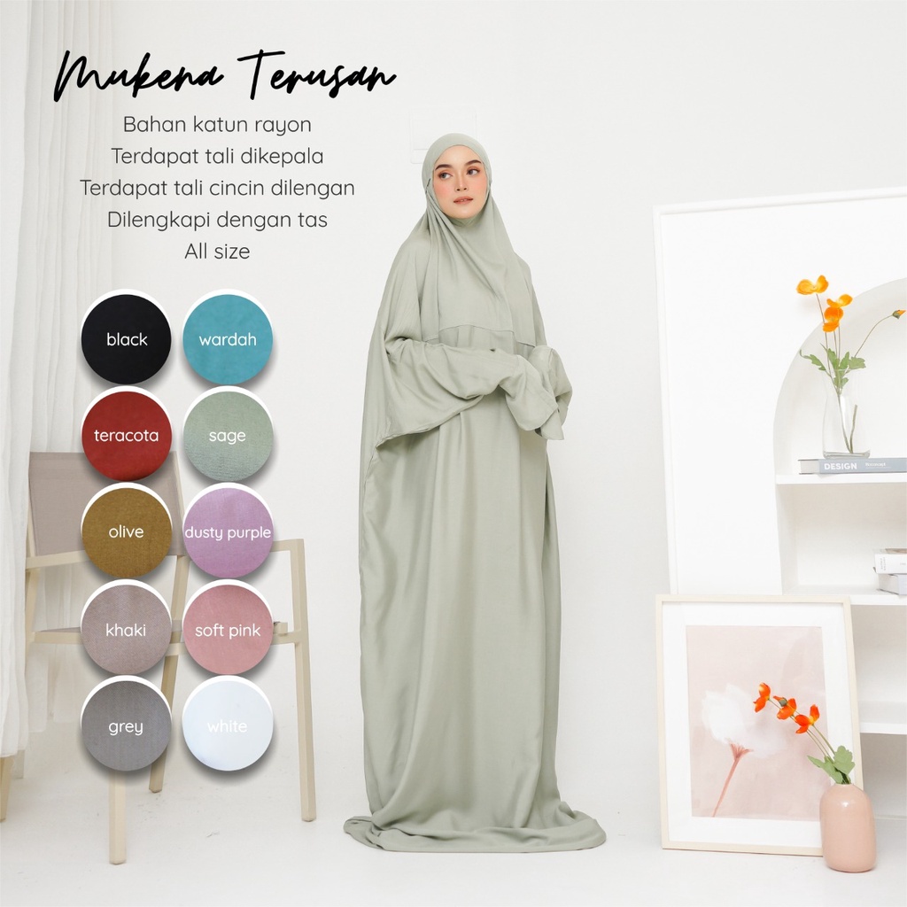 Mukena Terusan Dewasa Polos Jumbo Katun Rayon Sakeena Putih Sutra Terbaru 2025 Murah Mukena Terusan 