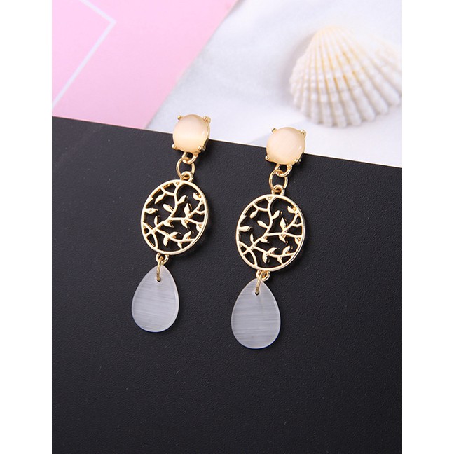 LRC Anting Tusuk Fashion Gold Opal Alloy Hollowed Leaf Stud Earrings D03266