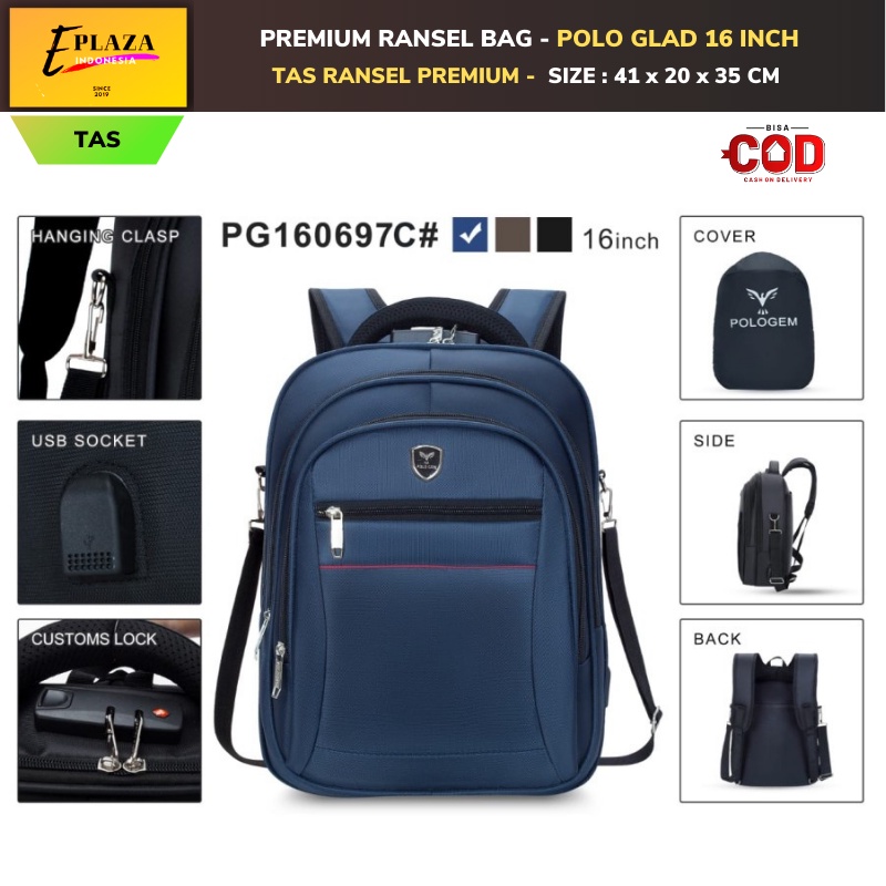 POLO GLAD - TAS RANSEL KERJA PRIA 16 INCH TAS LAPTOP FREE USB C+RAINCOVER