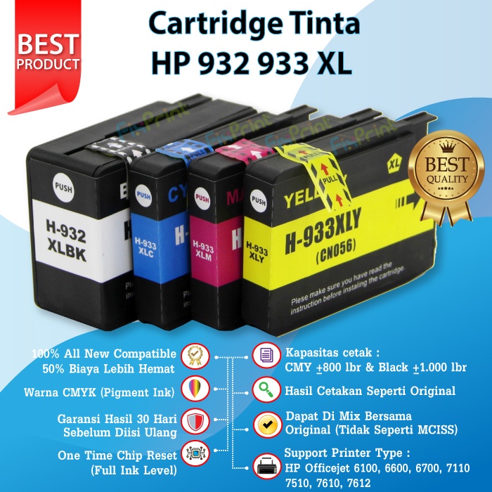 SET CMYK Chip Cartridge Tinta HP 932 933 933XL Compatible Printer 7612