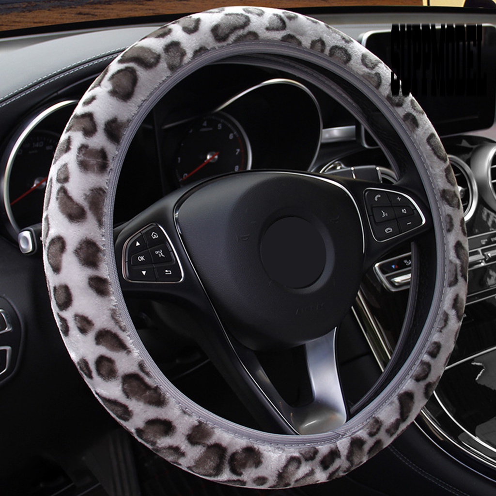 Sarung Setir Mobil Bahan Plush Lembut Elastis Anti Slip Motif Leopard Untuk Musim Dingin