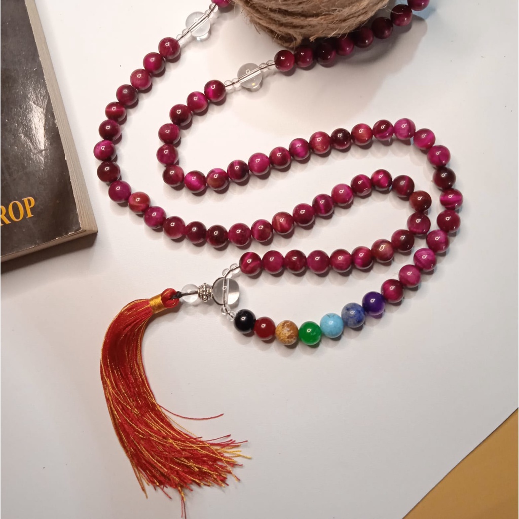 Kalung Tasbih 99 Batu Pink Tiger Eye Kombinasi 7 Chakra