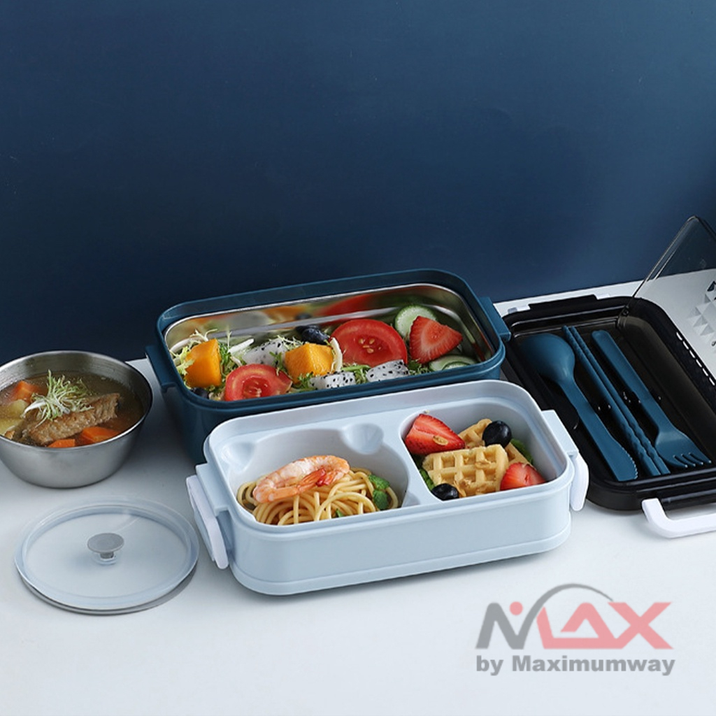 Kotak bekal makan lengkap sendok garpu mangkuk sup anti tumpah sumpit holder HP Kotak Makan Lunch box Bento Box Double Layer Soup Bowl Kotak Makan Lunch Bento Box Double Layer Soup Bowl bekal makan kantoran dan anak sekolah bawa makanan piknik