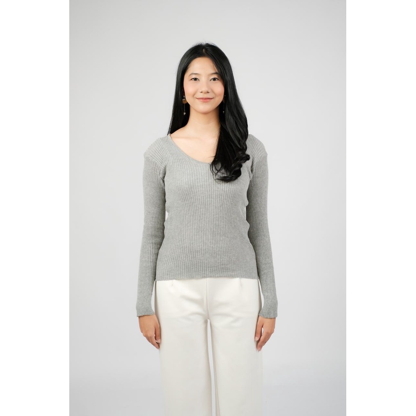 V Neck Knit Rajut Import Wanita / Baju Atasan Lengan Panjang Cewek / Manset Rajut