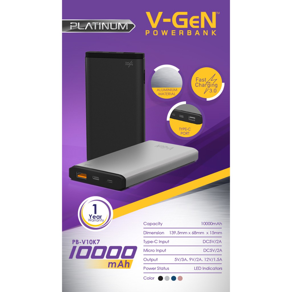 Powerbank V-GeN Platinum V10K7 10000 mAh Fast Charging 3.0