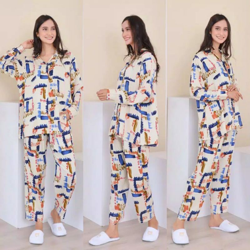 Daily set setelan pajamas / piyama paula syahnaz tie dye abstrak kaktus lengan panjang premium