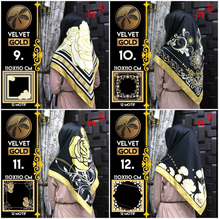 Jilbab Segi Empat Satin Black By Golden / Velvet gold