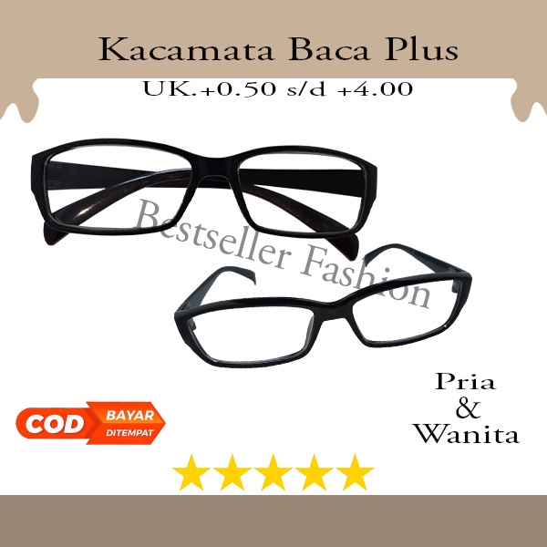 Kacamata Baca Lensa Plus (+) Tersedia Uk. +0.50 s/d + 4.00 Kacamata Pria Wanita Reading Glasses Frame Kotak Hitam Rabun Dekat Unisex NOCASE