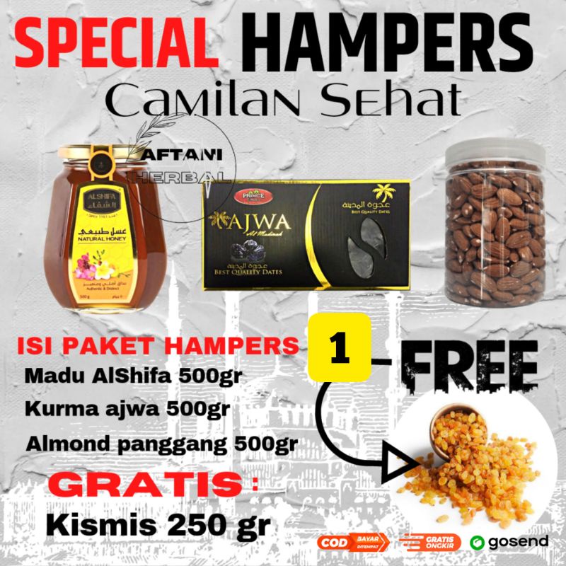 

HAMPERS CAMILAN SEHAT - madu alshifa - kurma king ajwa - kurma palm frutt - kismis - bingkisan lebaran - bingkisan ramadham