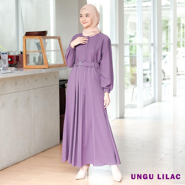 Gamis Terbaru Long Aluna Maxi Dress Kondangan Wanita Muslim Syari Remaja Murah Kekinian Terbaru 2021 BUSUI BUMIL DRESS MOSCREPE-UNGU LILAC+BELT