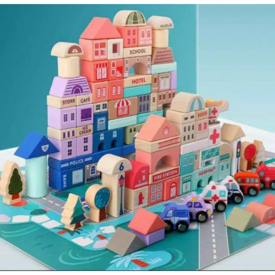 Mainan balok kayu magic color city building block 115 pcs