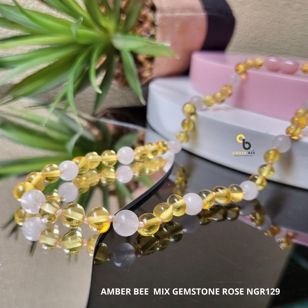 AMBERBEE Set Kalung Gelang Amber ORI Baltic Anak Premium Glossy Lime Gemstone Rose SNBGLR129133