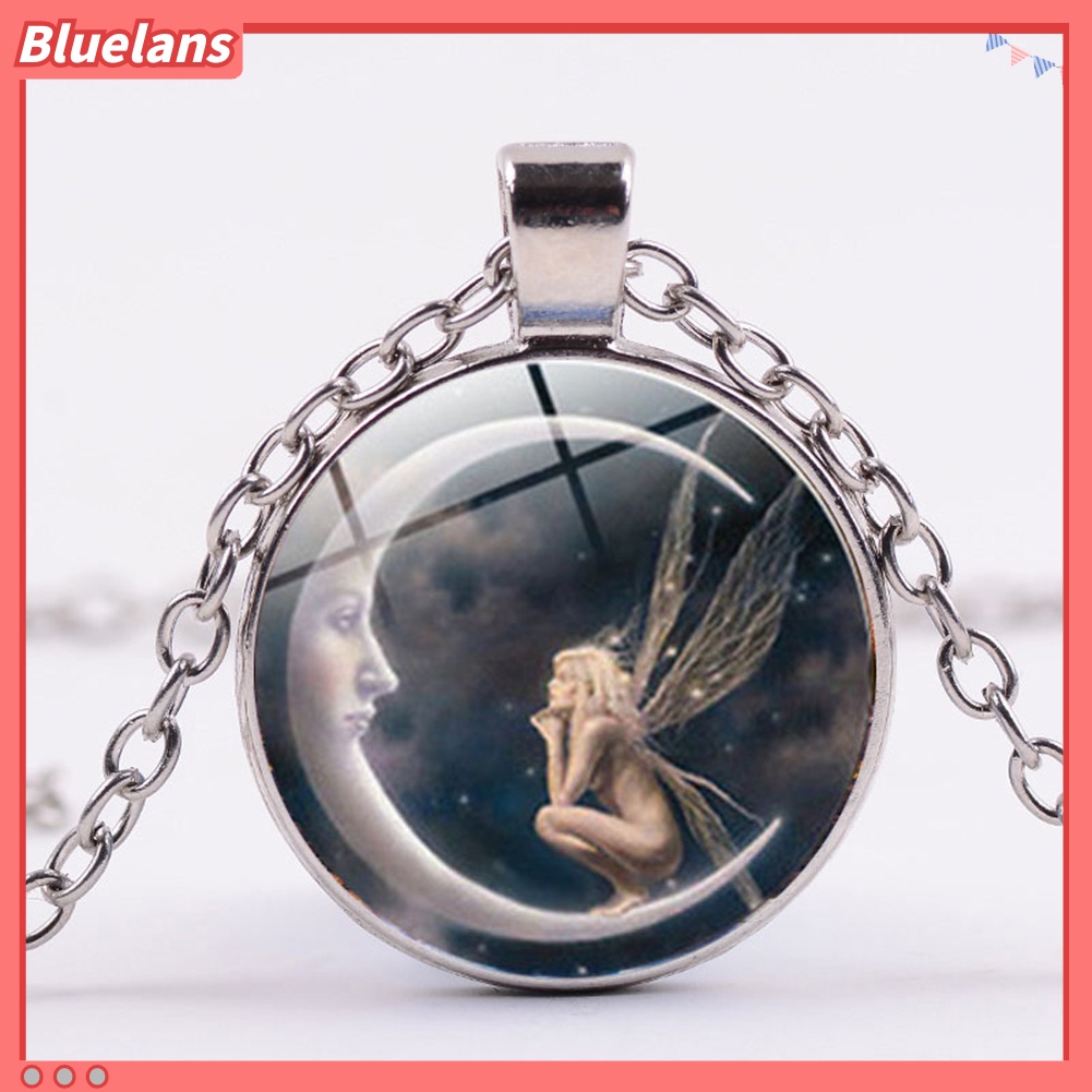 Bluelans Vintage Women Moon Angel Cabochon Glass Pendant Sweater Chain Necklace Jewelry