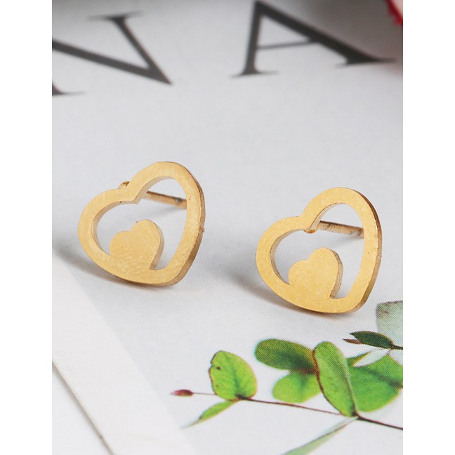 LRC Anting Tusuk Fashion Heart Golden Stainless Steel Geometric Pattern Earrings D44599