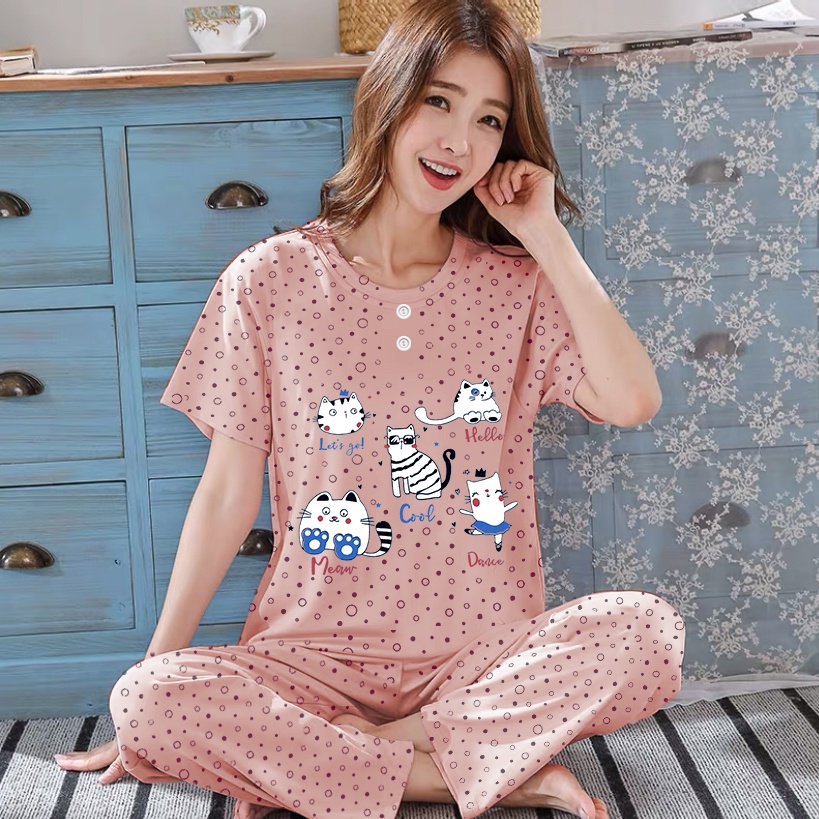 Lilipop.id  Baju Tidur Wanita CP Cat Setelan Piyama BabyDoll  Kaos Celana Panjang