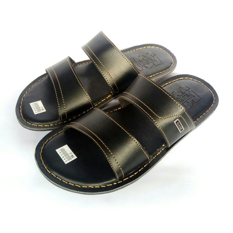 Sandal Pria Slop Kulit, Sendal Selop Pria, Sandal Slop Ban 2-Hitam