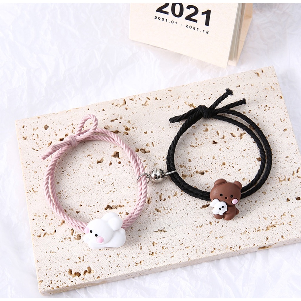 SEPASANG / 2 Gelang Sahabat TEDDY BUNNY Tali Magnet Couple Pasangan Saudara Korea Fashion Best Friend Karet