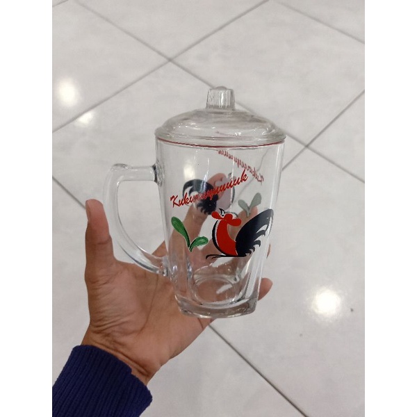 gelas kaca motif ayam jago set isi 2 pcs