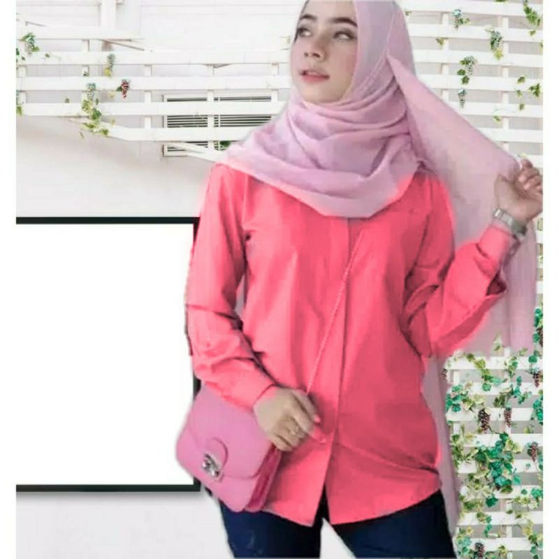 kemeja formal wanita lengan panjang pink salem/dusty pink