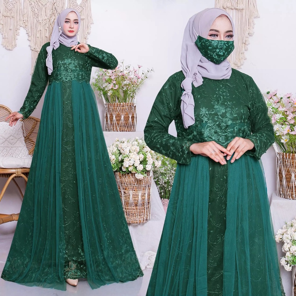 Alexa Tulle Brukat Free Masker Size M - XXL / Gamis Kondangan / Dress Pesta / Gamis Brukat / Gaun Pesta / Baju Wanita