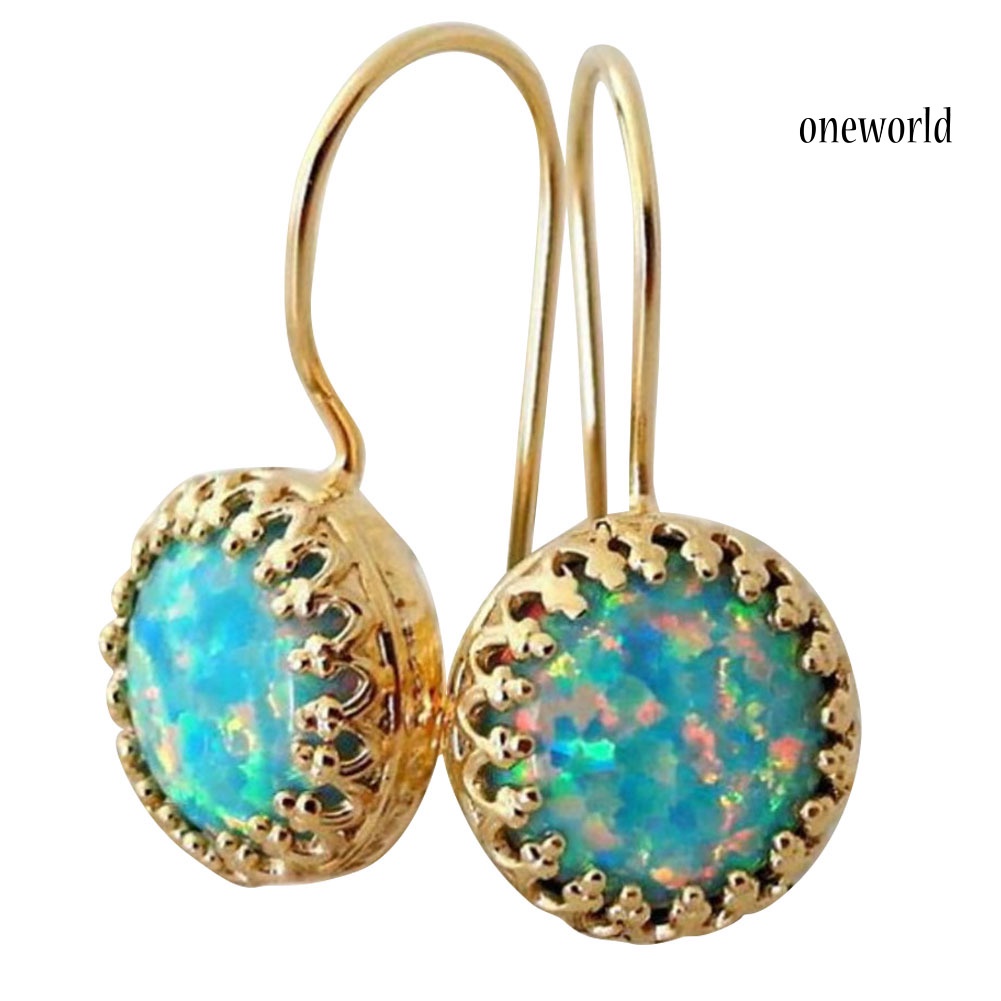 OW@ Vintage Women Multicolor Round Faux Opal Carved Dangle Hook Earrings Jewelry