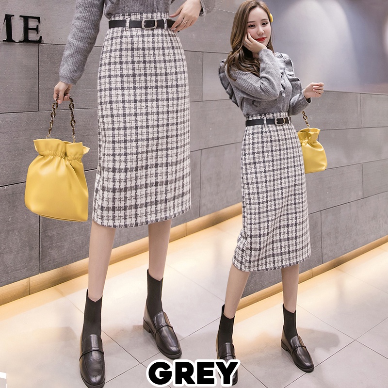 KARAKOREA 7707 Tweet Fur Midi Skirt + Belt/Korean Midi Skirt/Rok Midi/Office Skirt/Rok kerja