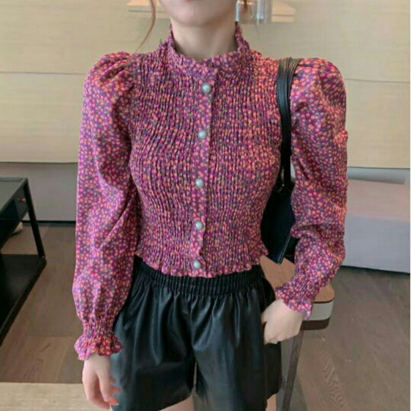 5684 Lobelia Baju atasan blouse SMOCKED TOP smok lengan balon Korea Korean style pink hitam hijau mo