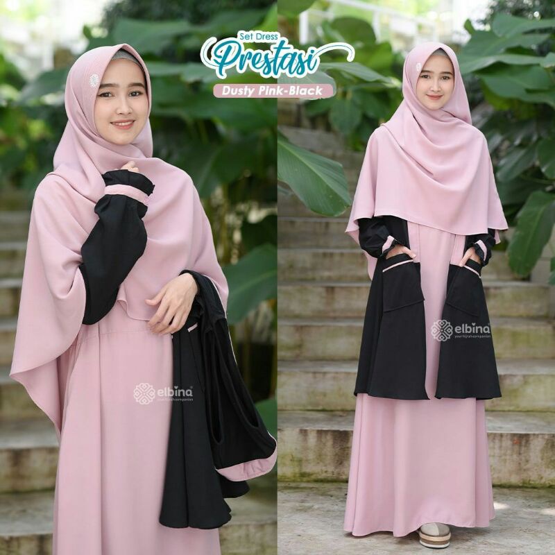 Set Dress Prestasi A by elbina hijab,Dress +outer+khimar