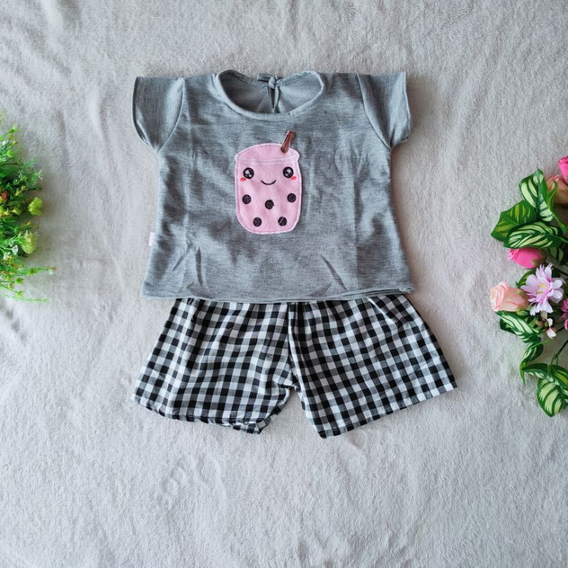 Setelan anak 1 2 3 tahun cewek perempuan baju Boba kotak