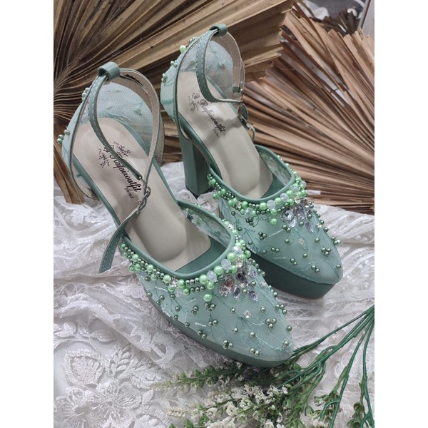 sepatu wanita wedding Zaneta sage green tali 12cm tahu