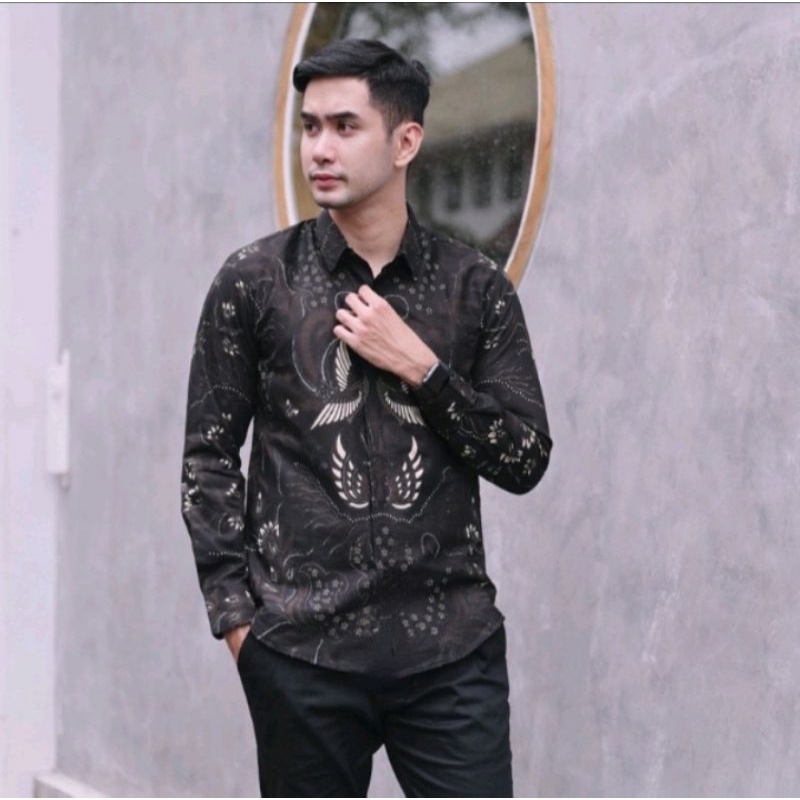 Baju Batik Hitam Pria Lengan Panjang Kemeja Batik Pria Lengan Panjang Premium Batik SLIM FIT  Pria Lengan Panjang