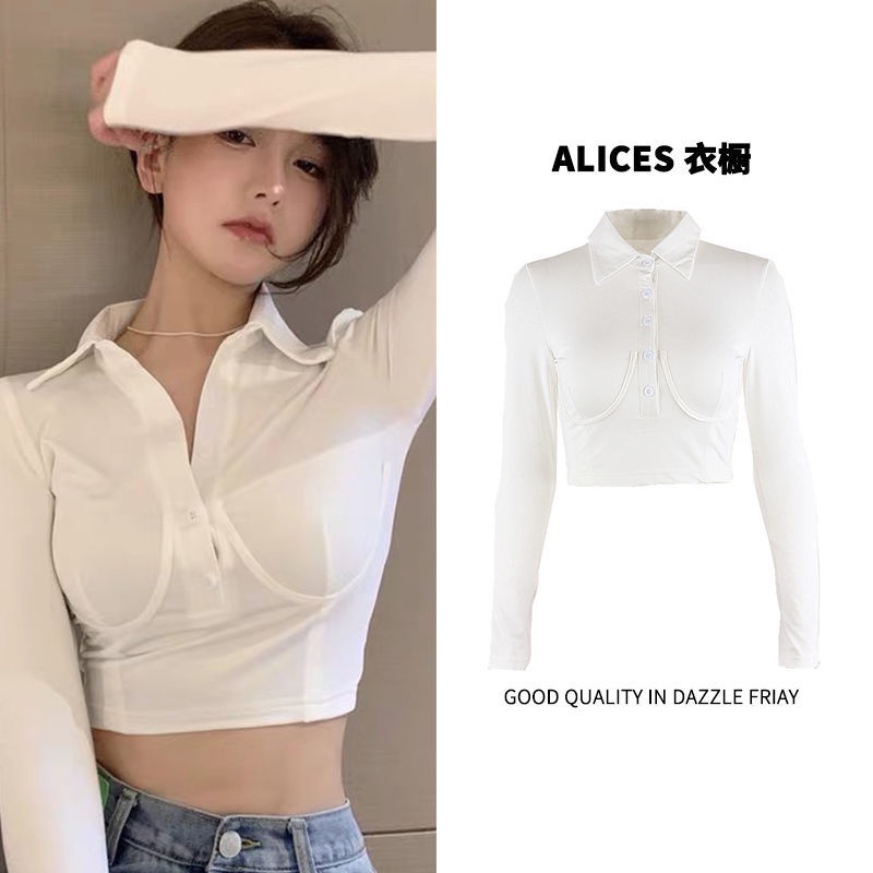 American Top T-shirt Wanita Ringan Dewasa Angin Kerah Setengah Kerah Terbuka Pendek Crop Top B rRey