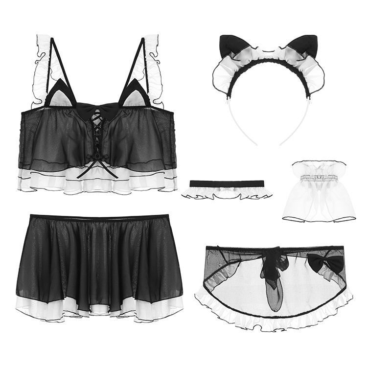 Lingerie Sexy Wanita Cosplay Crop top dan Rok Mini Set Seragam kucing Gadis 3A339