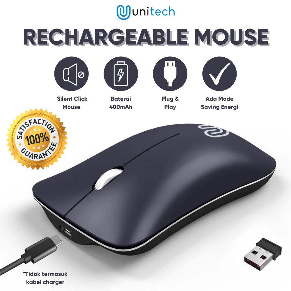 Mouse Wireless Slim Recharger Unitech P1 Silent Click Mode 2.4Ghz 1600 DPI &amp; Gratis Mousepad