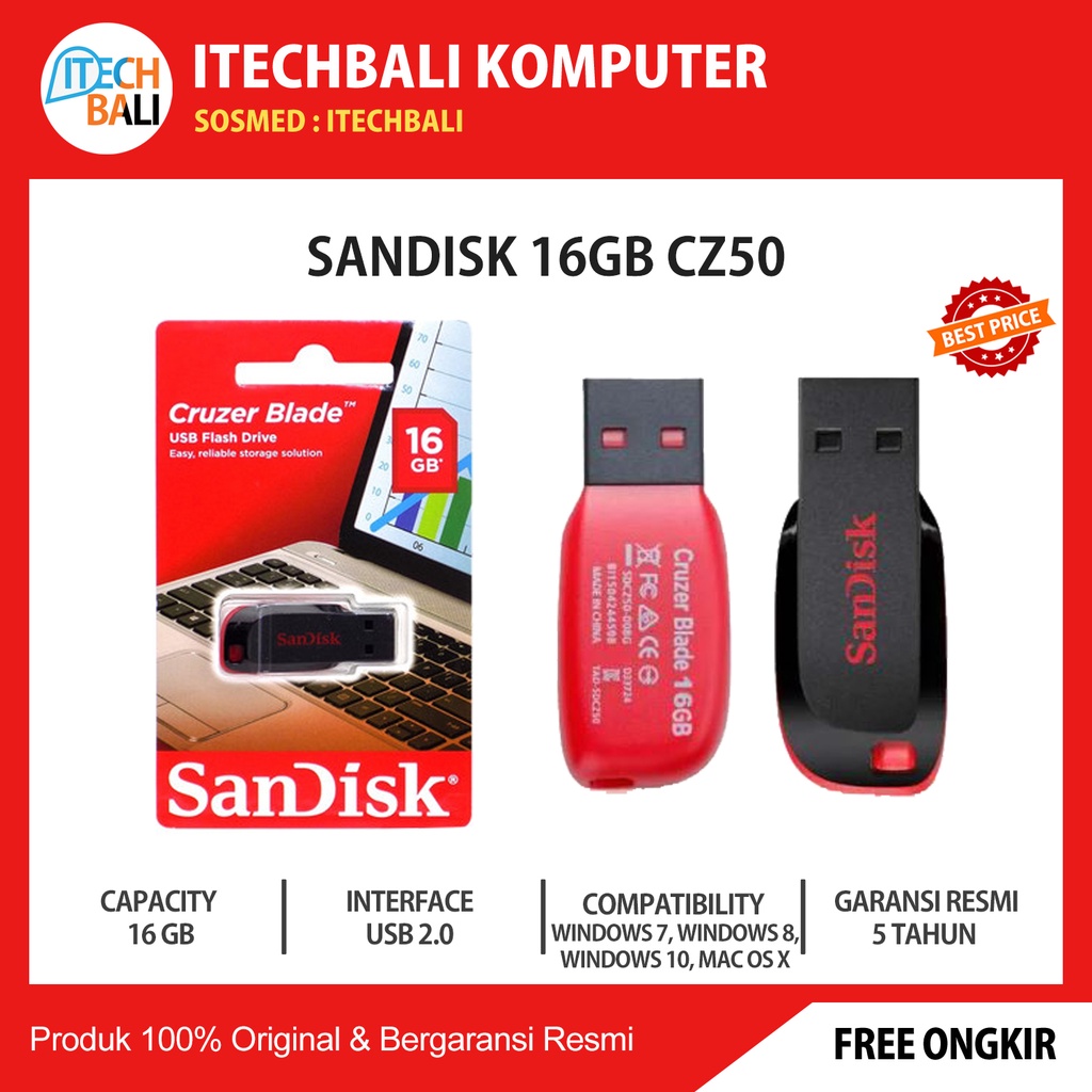 Flashdisk SanDisk 8GB 16GB 32GB 64GB 128GB CZ50 Cruzer Blade