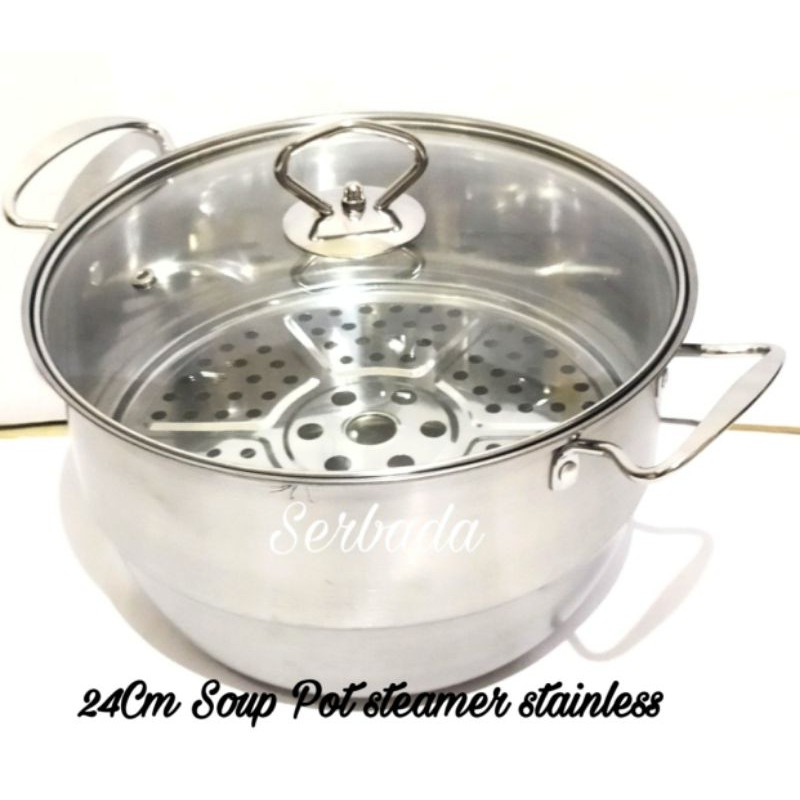 24cm Classic Soup Pot Stainless Steamer Panci Sop Sudah Termasuk Kukusan