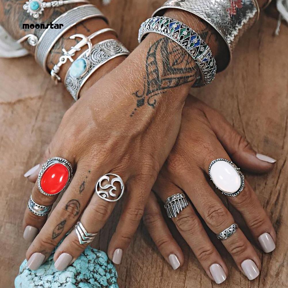 7Pcs Set Boho Women Oval Yoga OM Knuckle Midi Stacking Fashion