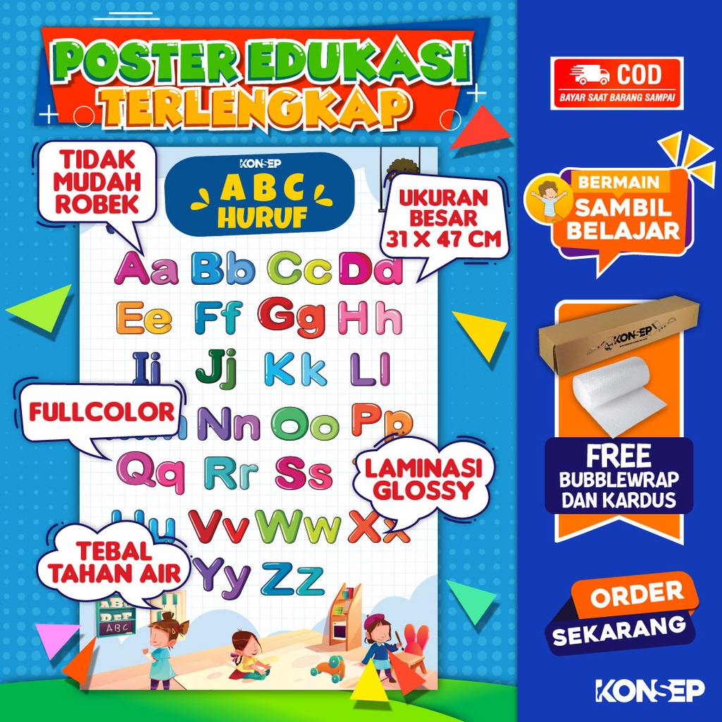 Konsep Poster Edukasi Pendidikan Anak Belajar ABC Huruf Paud Balita TK Toodler SD Laminasi Glossy Tahan Air