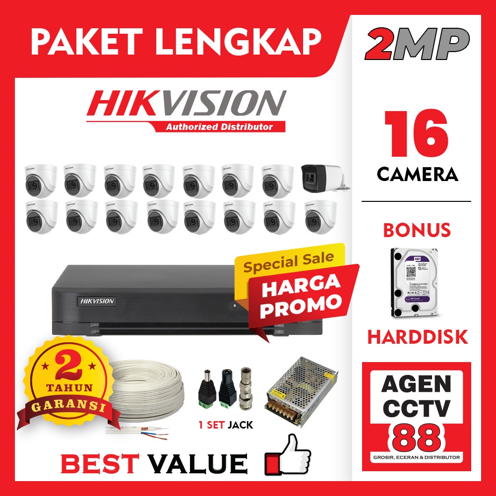 Paket CCTV HIKVISION 16 Channel Kamera 16CH 2MP LENGKAP +Kabel +HDD