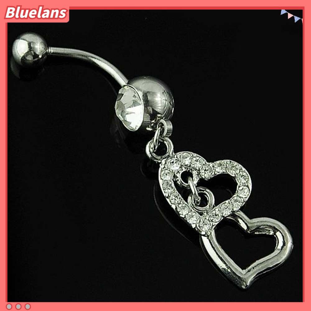 Cincin Tindik Pusar Model Menjuntai Bentuk Hati Ganda Aksen Berlian Imitasi Warna Silver Untuk Wanita