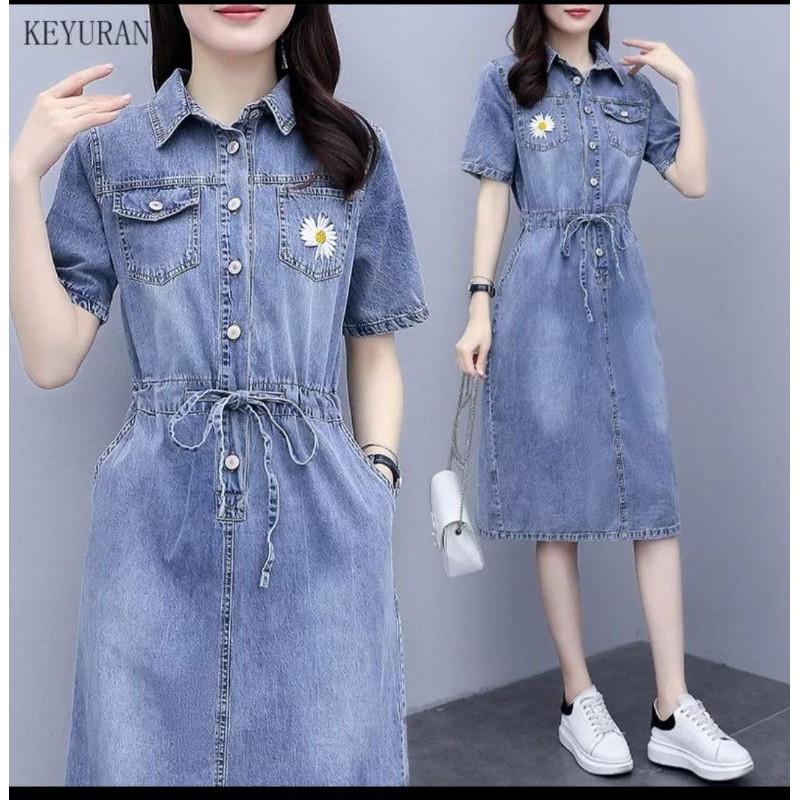 DRESS JEANS WANITA /TUNIK JEANS LENGAN PDK BORDIR KEMBANG DENGAN KANTONG 4
