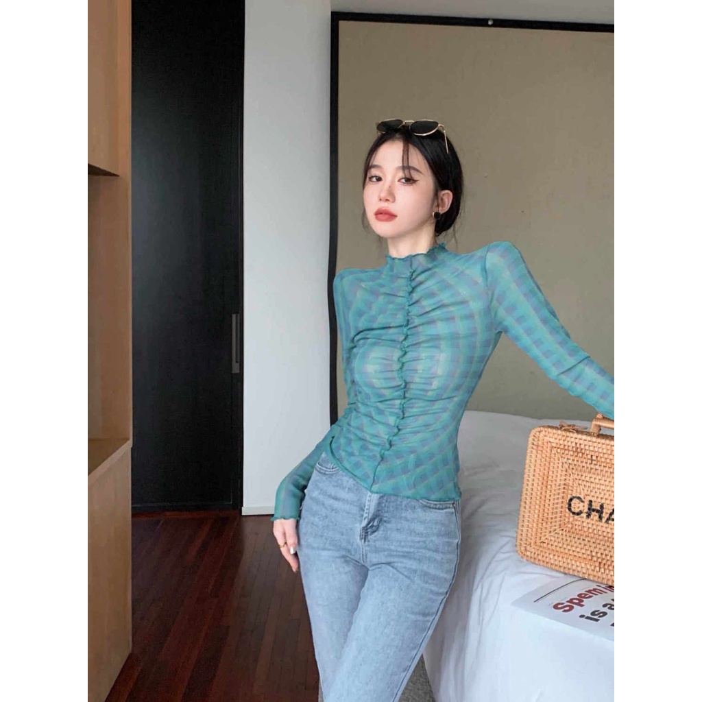 Suhao Hong Kong temperamen biru Mermaid Ji t-shirt lengan panjang wanita desain musim gugur lipit ramping atasan pendek in