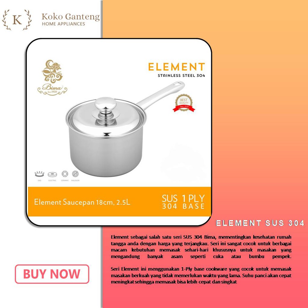 PANCI BIMA ELEMENT SAUCEPAN 14CM 16CM 18CM PANCI MPASI SUSU BAYI STAINLESS 304 B200114A B200116A