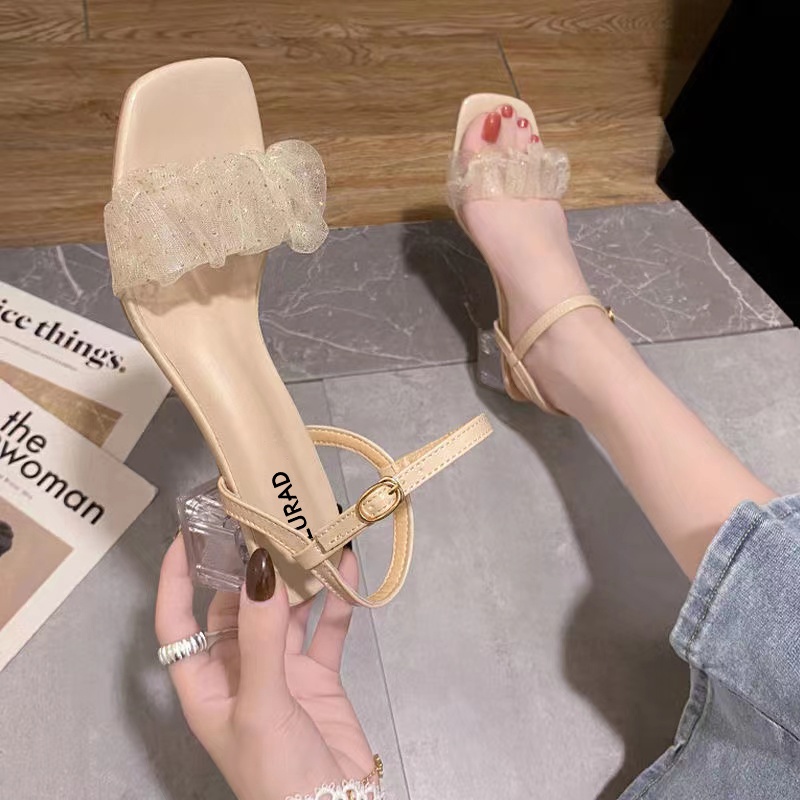 Sepatu Sandal Wanita Import Heels Kotak 3 cm Dengan Pengait Belakang Korean Style