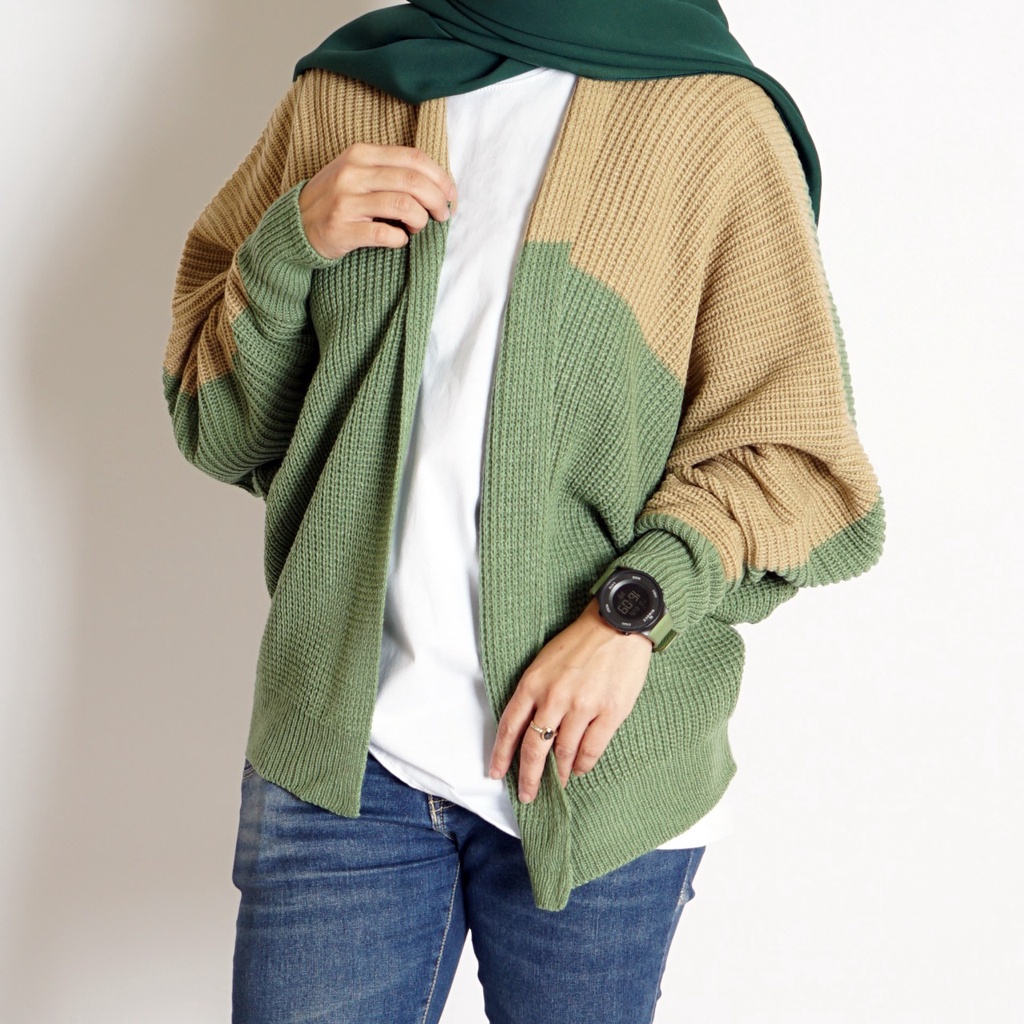 CARDIGAN BATWING RAJUT OVERSIZE PREMIUM / KOMBINASI / MOCCA APLIKASI MINT