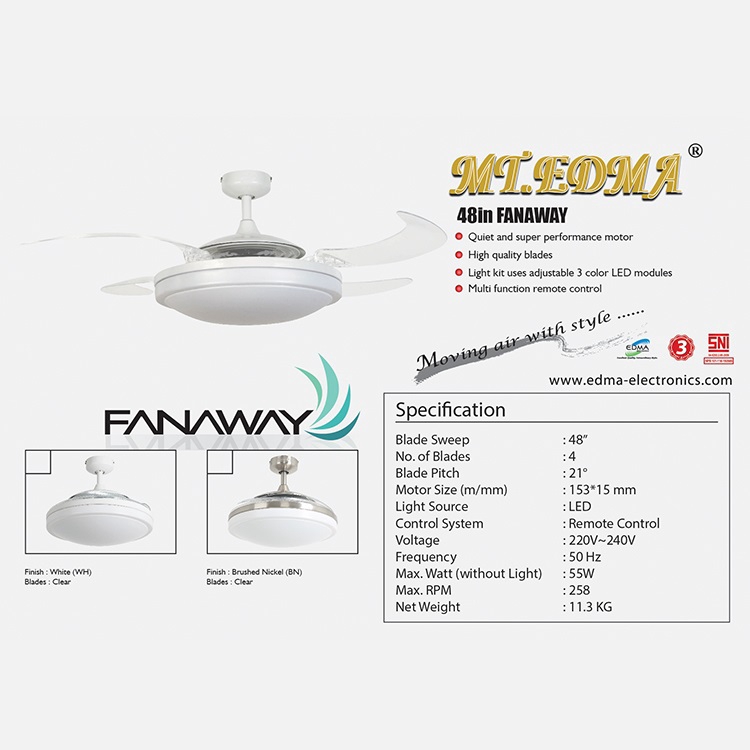 Mt.Edma 48in Fanaway Kipas Angin Plafon Ceiling Fan Dekoratif Dengan Lampu Hias Dan Remote Control