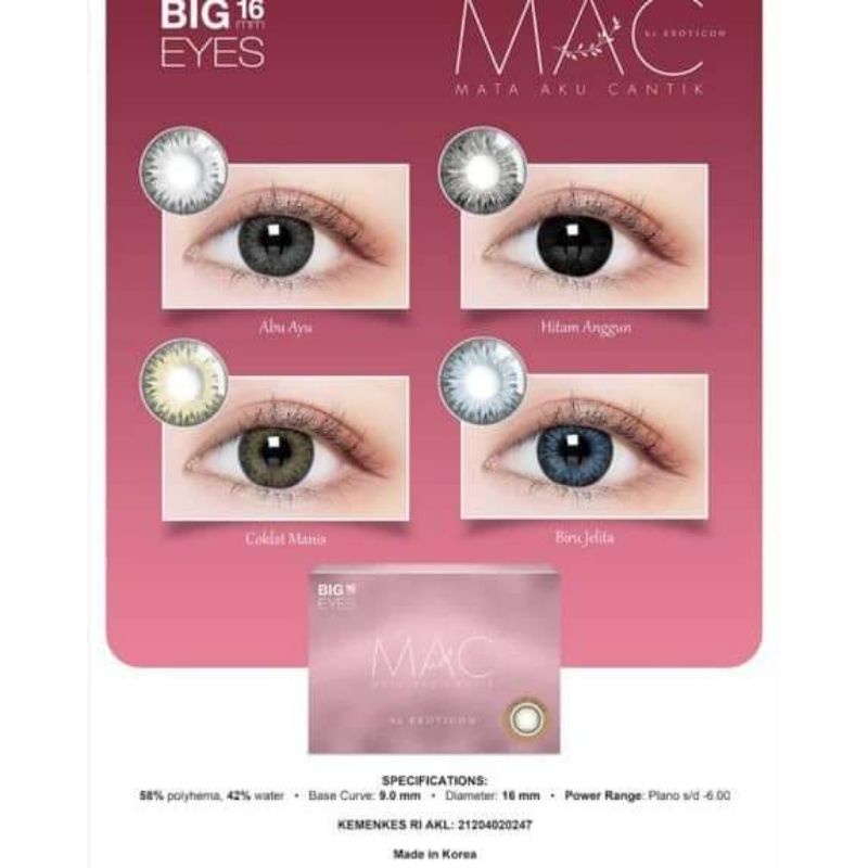 Paket Softlens X2 MAC Normal Big Eyes Dia 16mm + Air Softlens Ice 60ml + Lenscase + Pinset