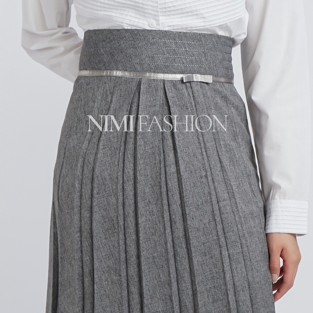 Rok Kerja Plisket / Rok Kantor Panjang Wanita Formal Rempel-Abu Muda